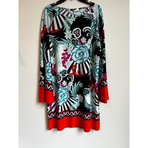 MSK Womens Geometric Floral Print Long Sleeve Boat Neck Shift‎ Dress Multi Color